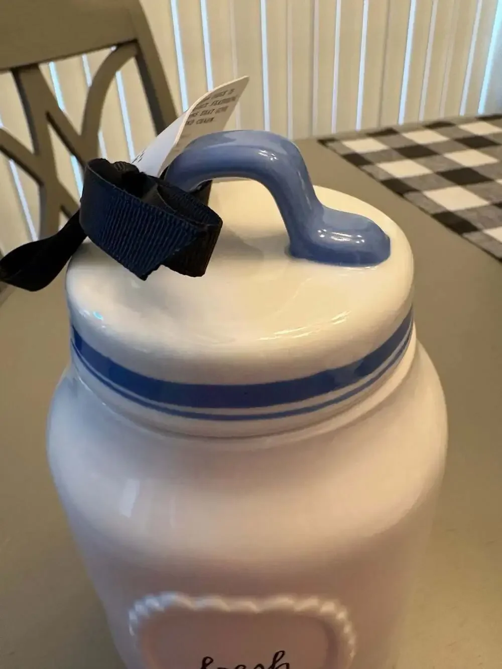 Rae Dunn Fresh Ceramic Canister with Blue Striped Lid and Handle